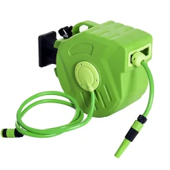 Dévidoir mural enrouleur automatique pivotant tuyau 20 + 2 m avec lance arrosage support mural intégré vert