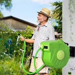 Dévidoir mural enrouleur automatique pivotant tuyau 20 + 2 m avec lance arrosage support mural intégré vert
