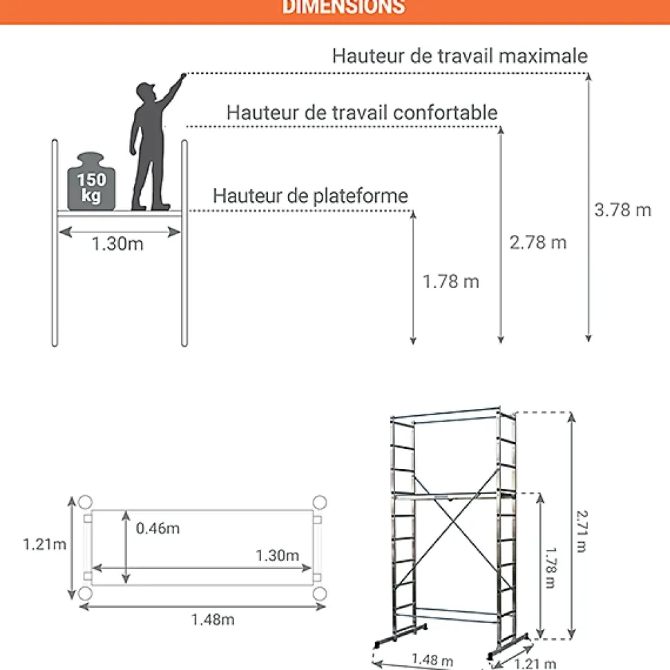 Echafaudage domestique: Hauteur de travail max 3.78m + Sac à dos de chantier - 203702-SAC