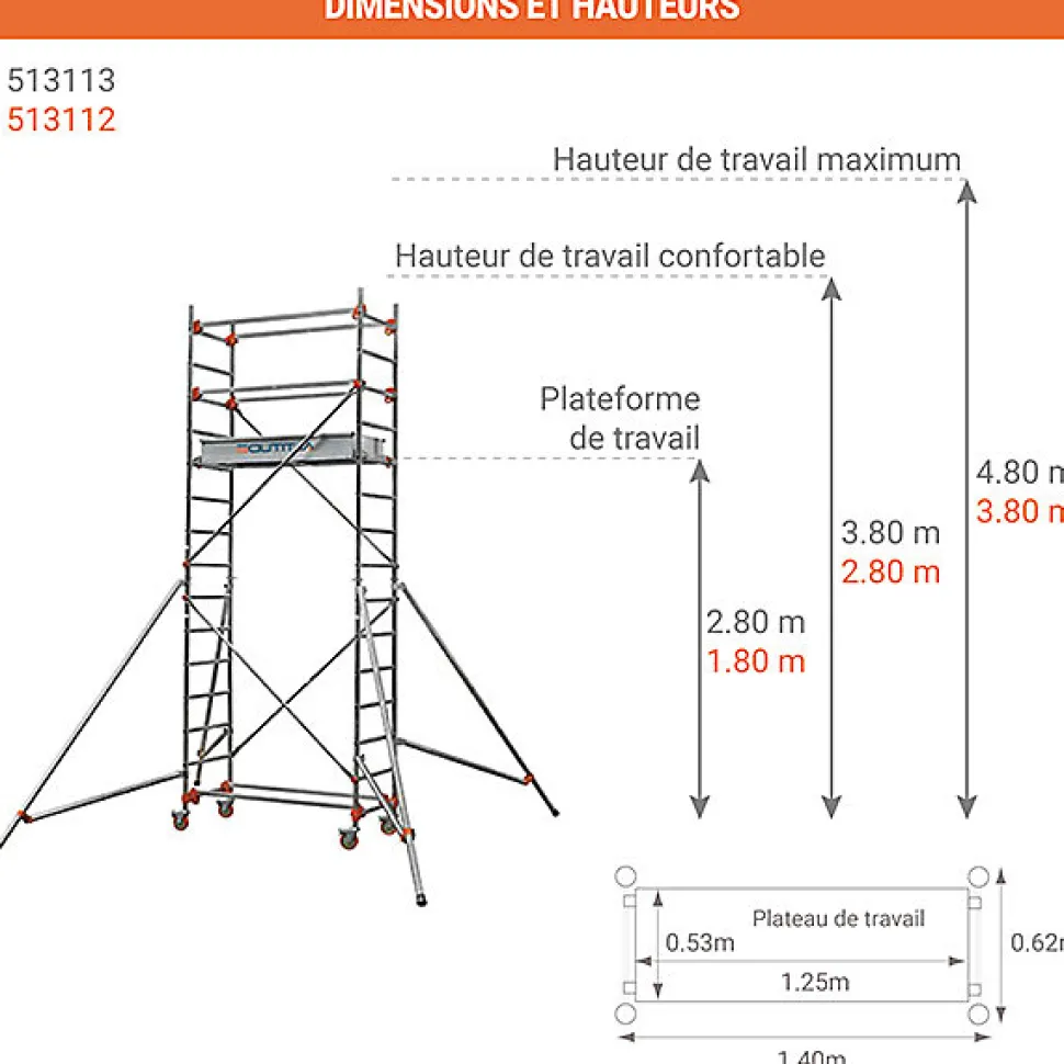 Echafaudage roulant - Hauteur de travail maximale 3.80m - 613112