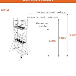 Echafaudage roulant alu - Hauteur de travail max 10.00m - EC816T