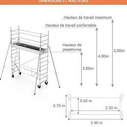 Echafaudage roulant aluminium - Hauteur de travail max 5.00m - TOS324L
