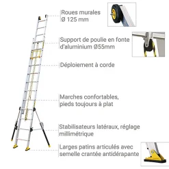 Echelle 2 plans de longueur 8.00m - Pieds stabilisateurs repliables - 2x16 barreaux - 610416