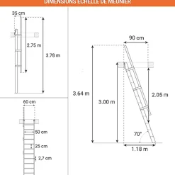 Echelle de meunier : 55cm de large - Couleur : Bois Naturel - 1 rampe - MSP/BN