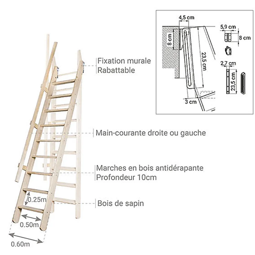 Echelle de meunier : 55cm de large - Couleur : Bois Naturel - 1 rampe - MSP/BN