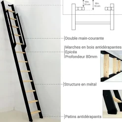 Echelle de meunier rabattable noire 12 marches - Hauteur sol à sol 2.90m - Largeur 36cm - STRONG-300