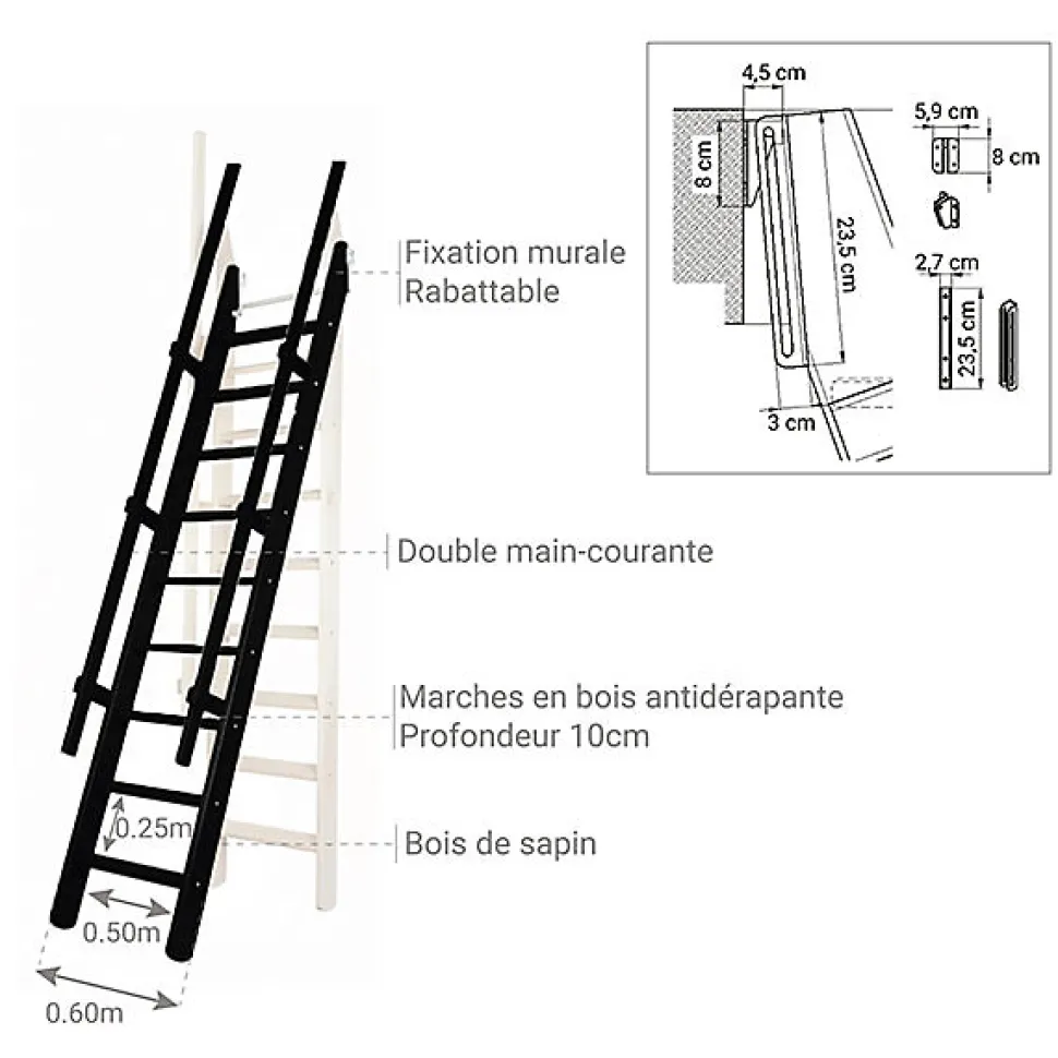 Echelle de meunier rabattable : 55cm de large - Hauteur à franchir 3m - Couleur : Noir (RAL 9017) - MSP/CC/2R