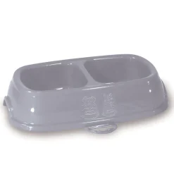 Ecuelle double bol 2 par 200 ml, gris en plastique, pour chat