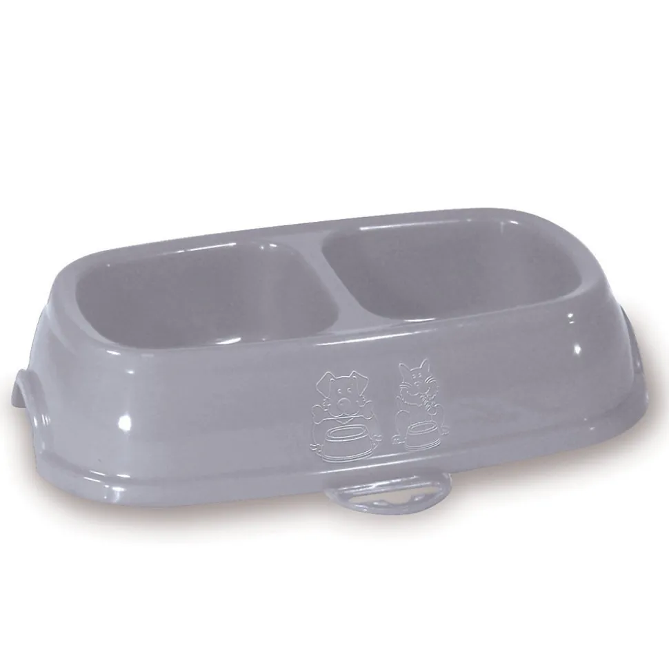 Ecuelle double bol 2 par 200 ml, gris en plastique, pour chat