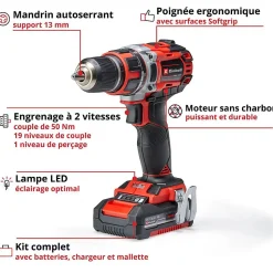 Einhell Perceuse Visseuse sans fil TE-CD 18/50 Li BL - 2 vitesses - 20 positions - 2 batteries Power X-Change 2,0Ah
