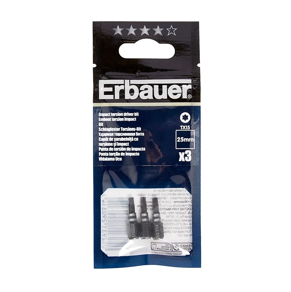 Embout de vissage torsion impact TX15 25 mm Erbauer - 3 pièces