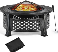 3-en-1 Braséro Extérieur Jardin Rond,avec Grille de Barbecue,Pare-étincelles,Grille à Bûches, Poker, Housse Anti-Pluie,81 x 50 cm