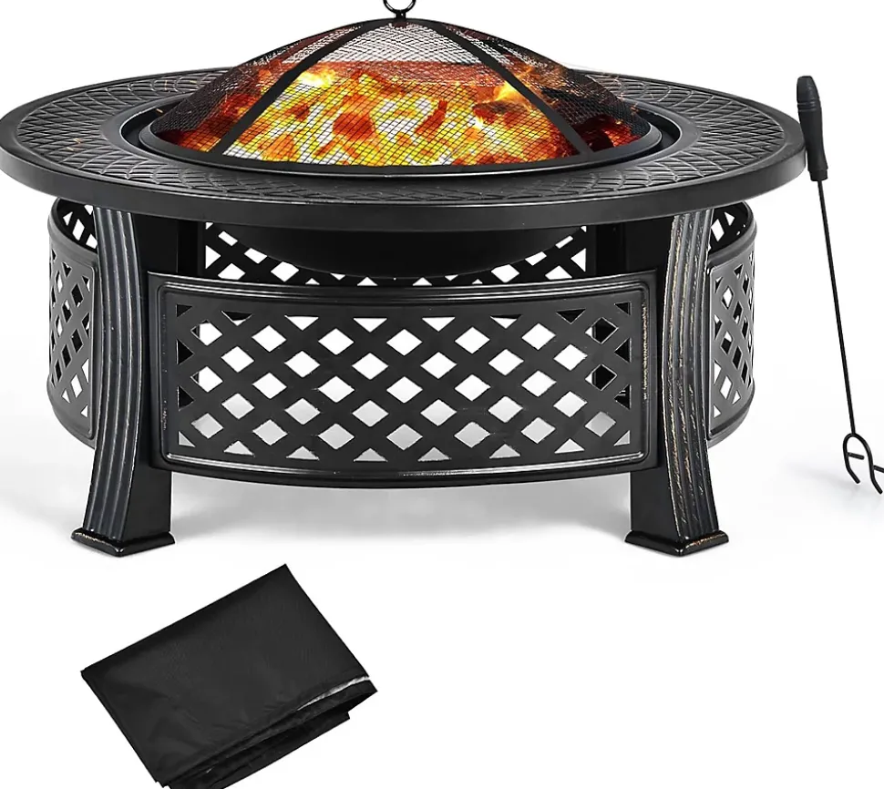 3-en-1 Braséro Extérieur Jardin Rond,avec Grille de Barbecue,Pare-étincelles,Grille à Bûches, Poker, Housse Anti-Pluie,81 x 50 cm