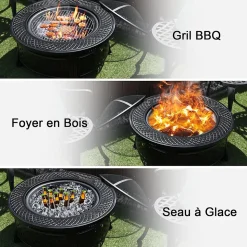 3-en-1 Braséro Extérieur Jardin Rond,avec Grille de Barbecue,Pare-étincelles,Grille à Bûches, Poker, Housse Anti-Pluie,81 x 50 cm