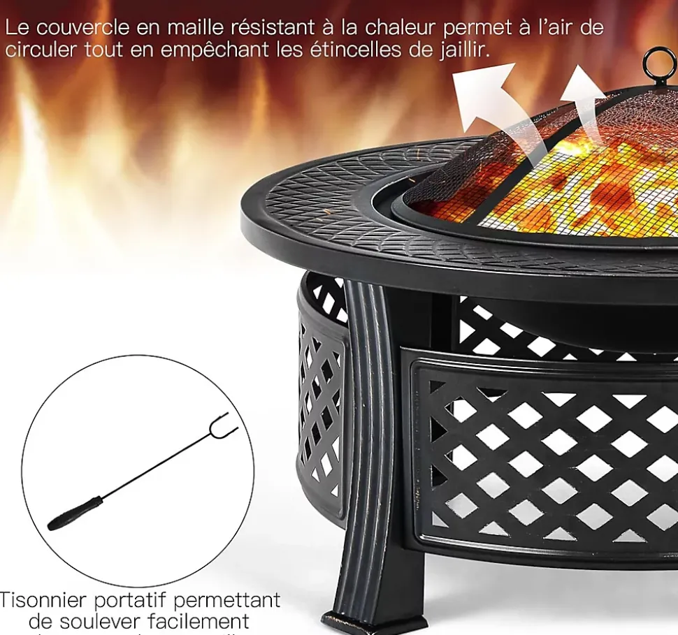 3-en-1 Braséro Extérieur Jardin Rond,avec Grille de Barbecue,Pare-étincelles,Grille à Bûches, Poker, Housse Anti-Pluie,81 x 50 cm