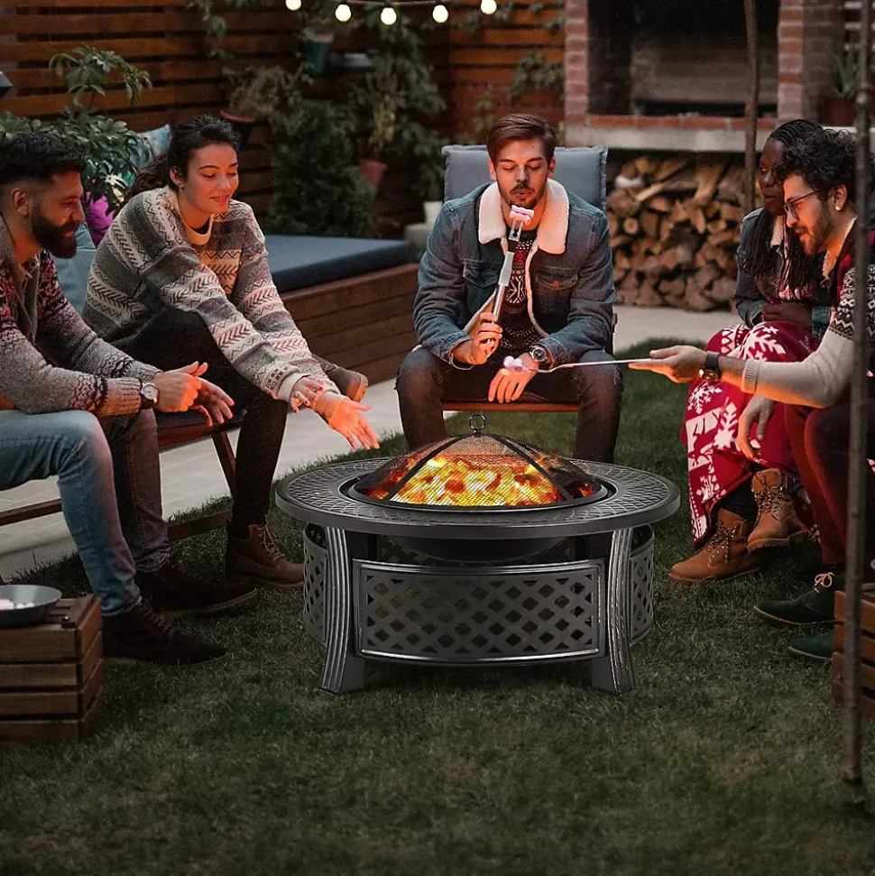3-en-1 Braséro Extérieur Jardin Rond,avec Grille de Barbecue,Pare-étincelles,Grille à Bûches, Poker, Housse Anti-Pluie,81 x 50 cm