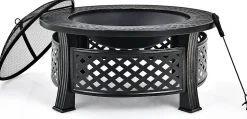 3-en-1 Braséro Extérieur Jardin Rond,avec Grille de Barbecue,Pare-étincelles,Grille à Bûches, Poker, Housse Anti-Pluie,81 x 50 cm