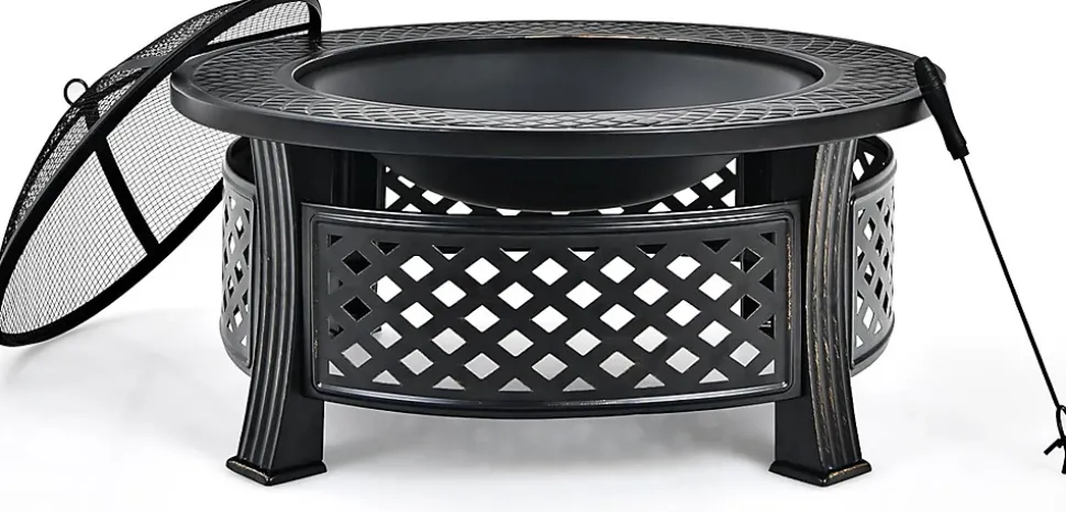 3-en-1 Braséro Extérieur Jardin Rond,avec Grille de Barbecue,Pare-étincelles,Grille à Bûches, Poker, Housse Anti-Pluie,81 x 50 cm
