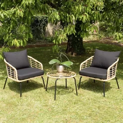 Ensemble de 2 fauteuils rotin synthétique et table basse ronde