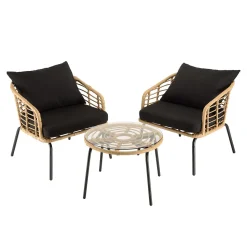 Ensemble de 2 fauteuils rotin synthétique et table basse ronde