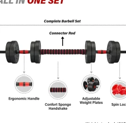 Ensemble d'haltères et de barres réglables de 15 kg, unisexe