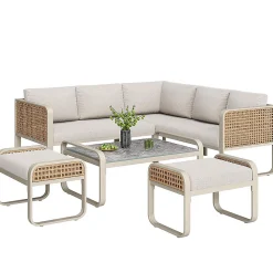 Ensemble Jardin Rotin 6-7 Personnes Canapé D'Angle Beige Blackcolors
