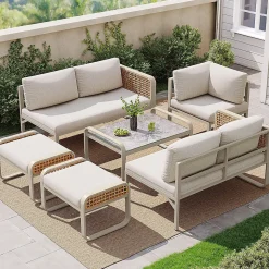 Ensemble Jardin Rotin 6-7 Personnes Canapé D'Angle Beige Blackcolors