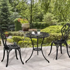 Ensemble salon de jardin 2 places 2 chaises + table ronde fonte d'aluminium imitation fer forgé noir
