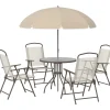 Ensemble salon de jardin 6 pcs - table ronde + 4 chaises pliables + parasol - acier époxy café textilène polyester beige