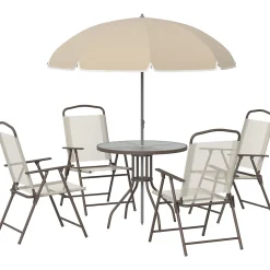 Ensemble salon de jardin 6 pcs - table ronde + 4 chaises pliables + parasol - acier époxy café textilène polyester beige