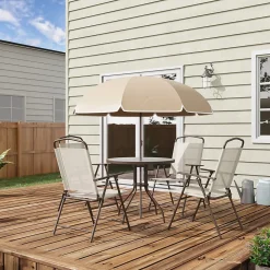 Ensemble salon de jardin 6 pcs - table ronde + 4 chaises pliables + parasol - acier époxy café textilène polyester beige