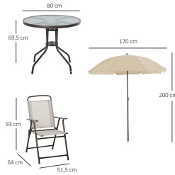 Ensemble salon de jardin 6 pcs - table ronde + 4 chaises pliables + parasol - acier époxy café textilène polyester beige
