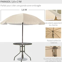 Ensemble salon de jardin 6 pcs - table ronde + 4 chaises pliables + parasol - acier époxy café textilène polyester beige