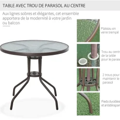 Ensemble salon de jardin 6 pcs - table ronde + 4 chaises pliables + parasol - acier époxy café textilène polyester beige