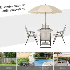 Ensemble salon de jardin 6 pcs - table ronde + 4 chaises pliables + parasol - acier époxy café textilène polyester beige