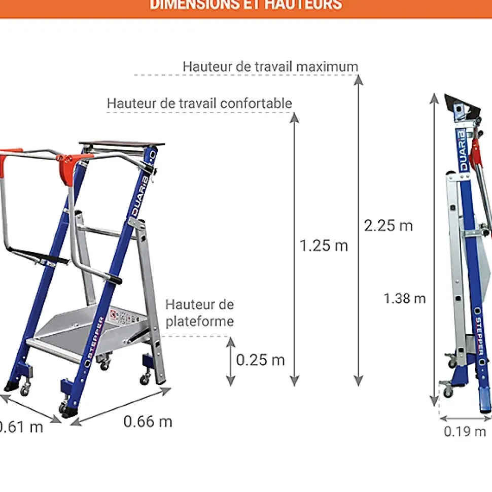 Escabeau de rayonnage 1 marche - Hauteur de travail max. 2.25m - Tablette Inox - 614931