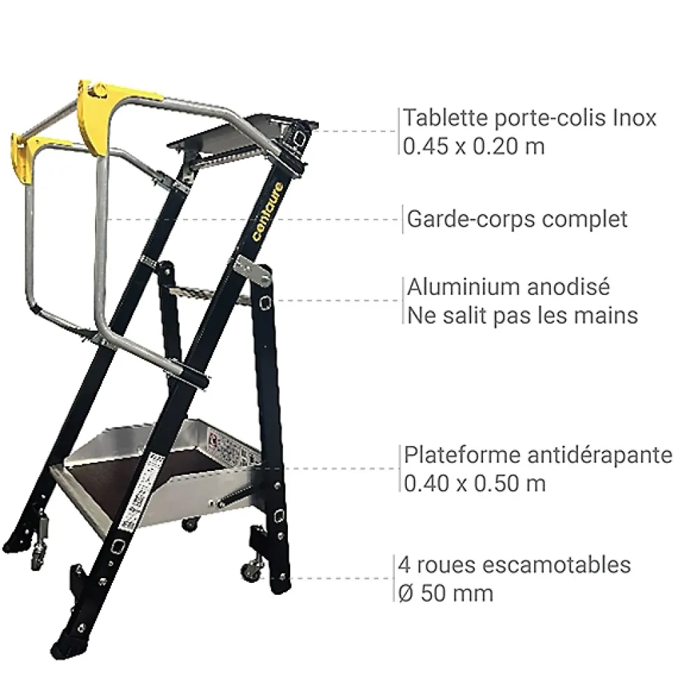 Escabeau de rayonnage 1 marche - Hauteur de travail max. 2.25m - Tablette Inox - 614931