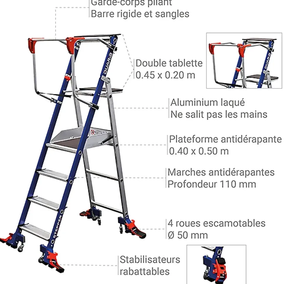 Escabeau de rayonnage 4 marches - Hauteur de travail max. 2.94m - 614914