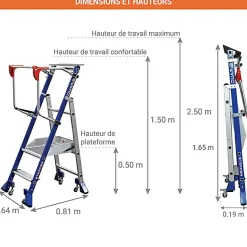 Escabeau de rayonnage Inox 2 marches - Hauteur de travail max. 2.50m - Tablette Inox - 614932