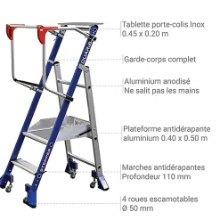 Escabeau de rayonnage Inox 2 marches - Hauteur de travail max. 2.50m - Tablette Inox - 614932