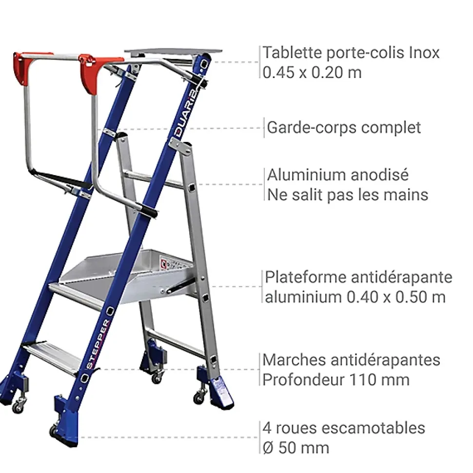 Escabeau de rayonnage Inox 2 marches - Hauteur de travail max. 2.50m - Tablette Inox - 614932