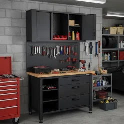 Etabli d'Atelier Garage avec Armoire de Rangement - Plan de travail Bois 2 Armoires 3 tiroirs Panneau perforé Charge 500kg VITO