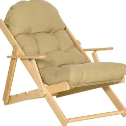 Fauteuil chaise pliable et inclinable en bois grand confort avec coussin capitonné épais - dim. 71I x 89P x 96H cm - beige
