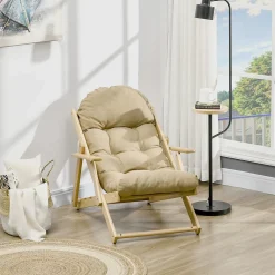 Fauteuil chaise pliable et inclinable en bois grand confort avec coussin capitonné épais - dim. 71I x 89P x 96H cm - beige