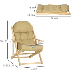 Fauteuil chaise pliable et inclinable en bois grand confort avec coussin capitonné épais - dim. 71I x 89P x 96H cm - beige