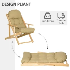 Fauteuil chaise pliable et inclinable en bois grand confort avec coussin capitonné épais - dim. 71I x 89P x 96H cm - beige