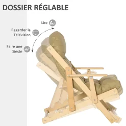 Fauteuil chaise pliable et inclinable en bois grand confort avec coussin capitonné épais - dim. 71I x 89P x 96H cm - beige