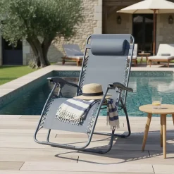 Fauteuil relax de jardin en acier et textilène inclinable bleu foncé Oviala