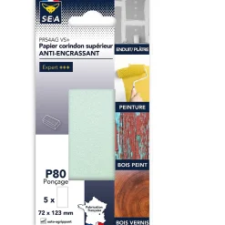 Feuille abrasive corindon 73 x 123 mm grain 80 anti-encrassement, lot de 5