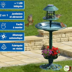 Fontaine abreuvoir à oiseaux sur pied avec lampe solaire et mangeoire